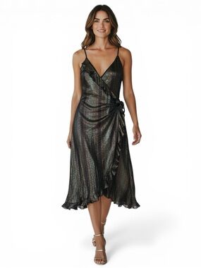 Poleci Metallic Wrap Dress L Black Gold Shimmer Ruffle Midi Slip Dress Party